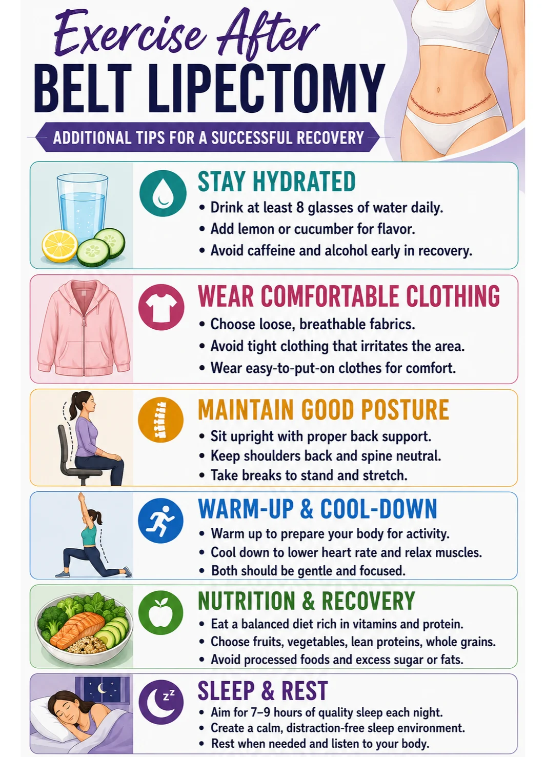 Exercise after belp lipectomy - post weight loss surgery infographic image by Dr Kernohan