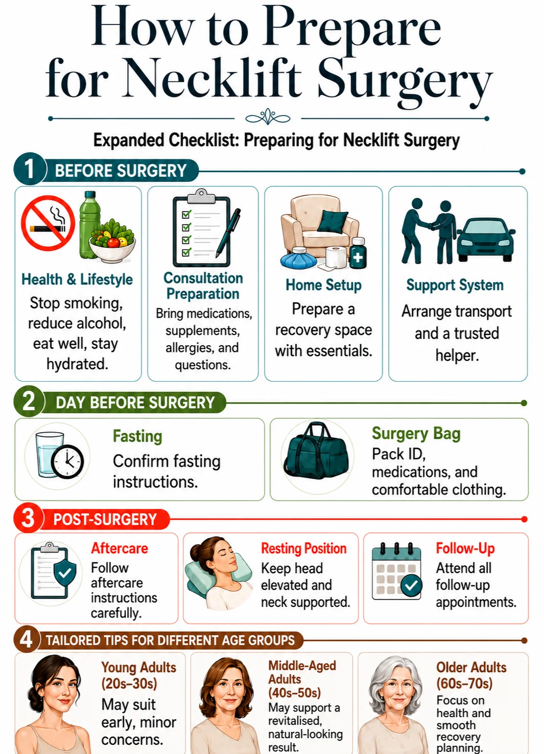 How to prepare for neck lift surgery infographic image by Dr Kernohan