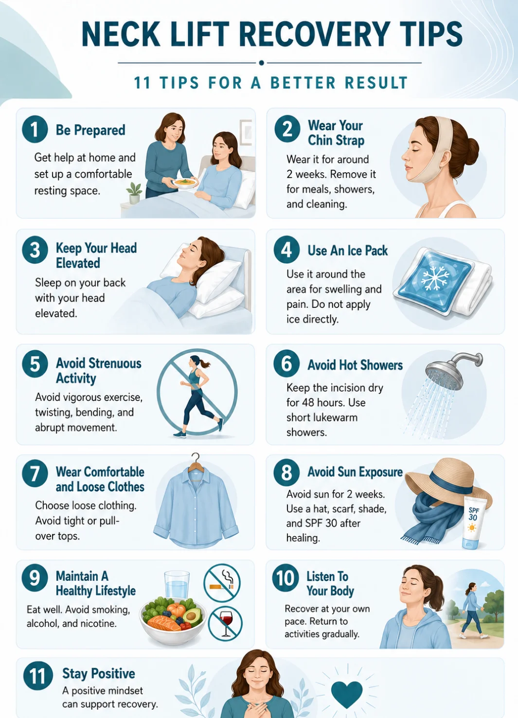 Neck Lift Recovery Tips for better result infographic image by Dr Kernohan