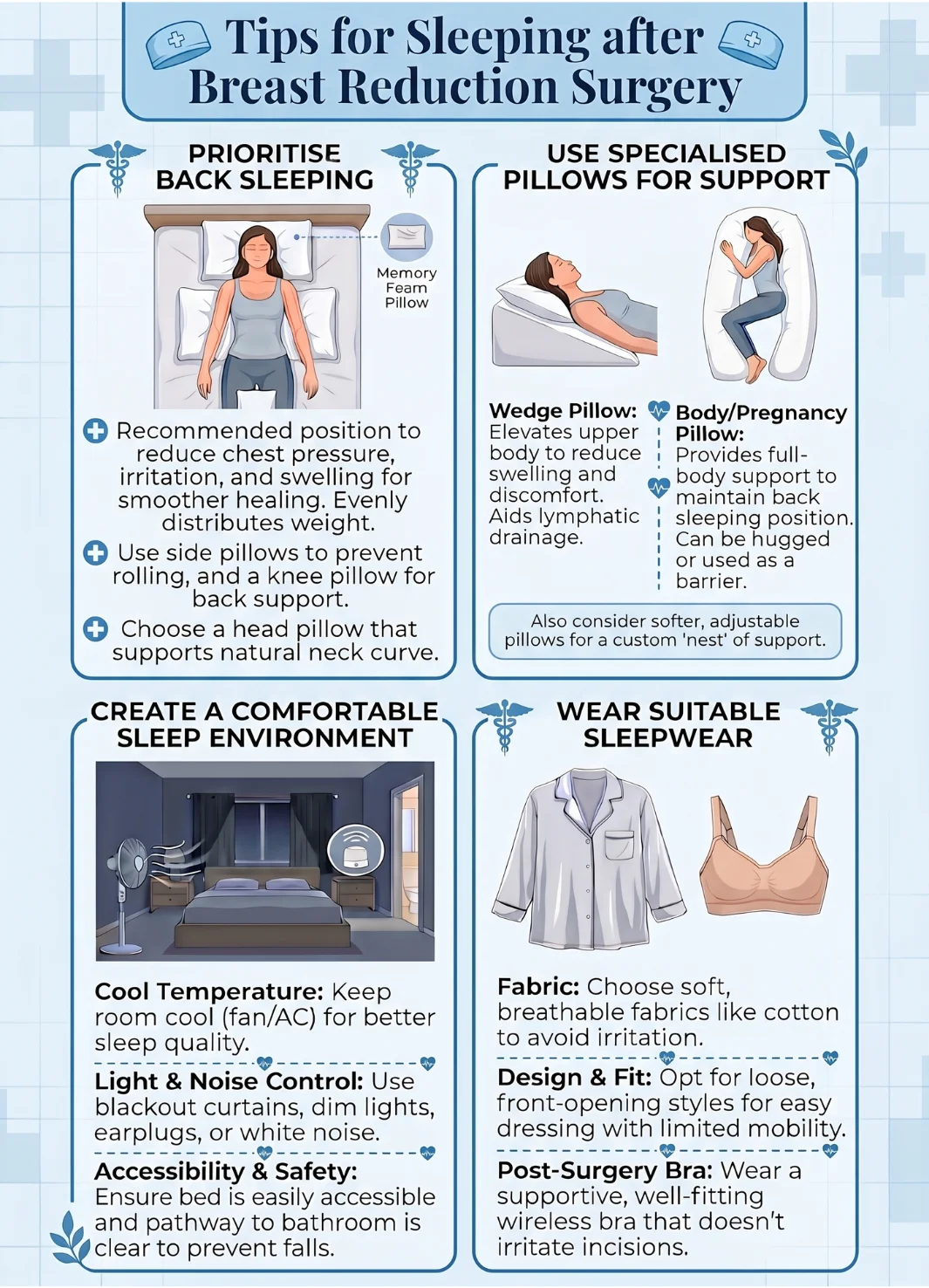 Tips for sleeping after breast reduction surgery infographic image by Dr Kernohan