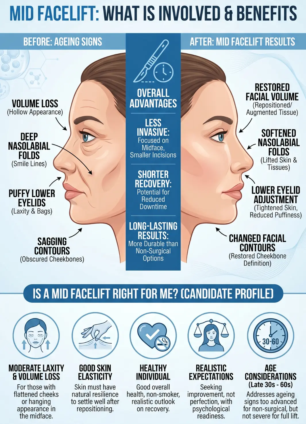 What is involved in a mid facelift infographic image by Dr Kernohan